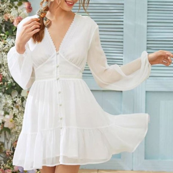 SHEIN Dresses & Skirts - SHEIN White Boho Ruffle Long Sleeve Mini Dress